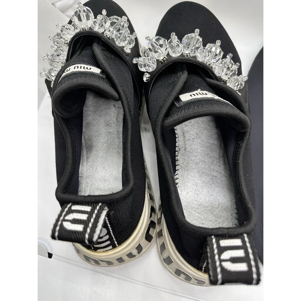 Miu Miu Black Fabric and‎ Satin Crystal Embellished Slip On Sneakers Size 40